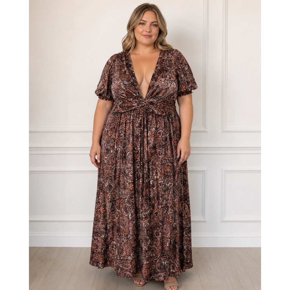 Anthropologie Velvet Paisley Maxi Dress 16W Pink Burnout V-Neck Smocked Boho